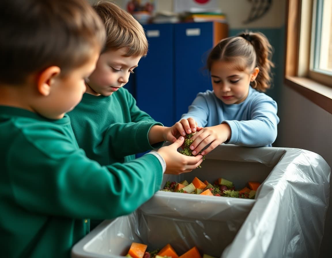 Elementary students adding food scraps to school compost bin and learning about decomposition process