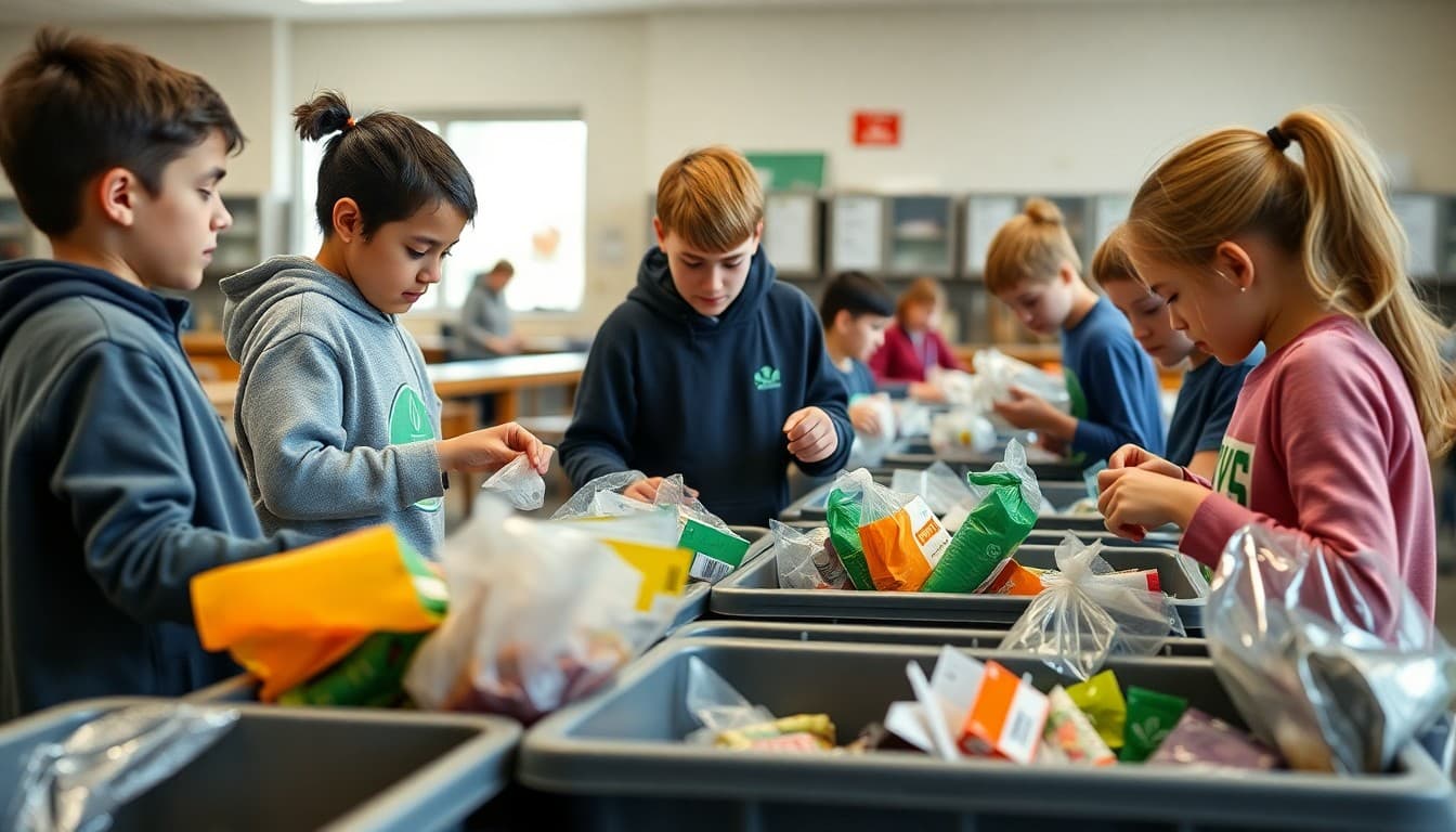 Students sorting cafeteria waste for school composting program at designated compost bins