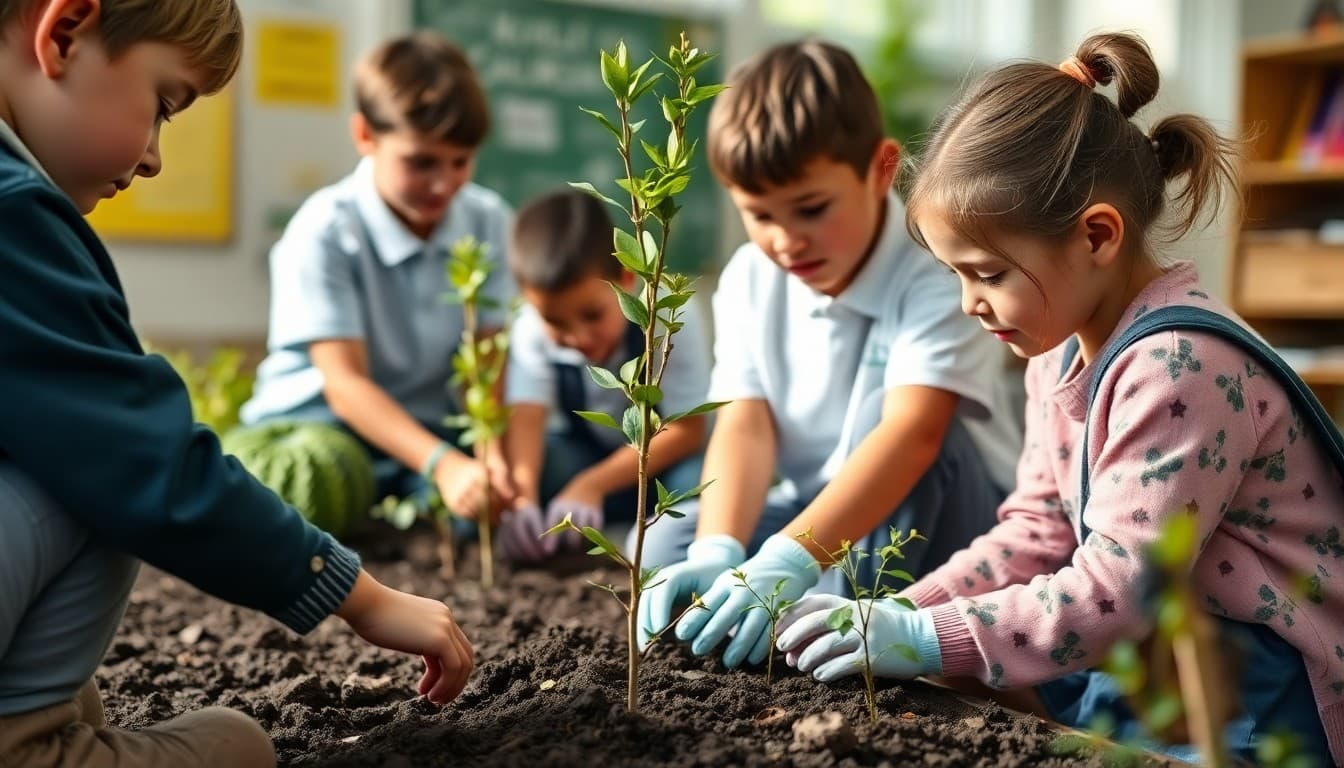 Students planting trees and doing a school garden project for Earth Day