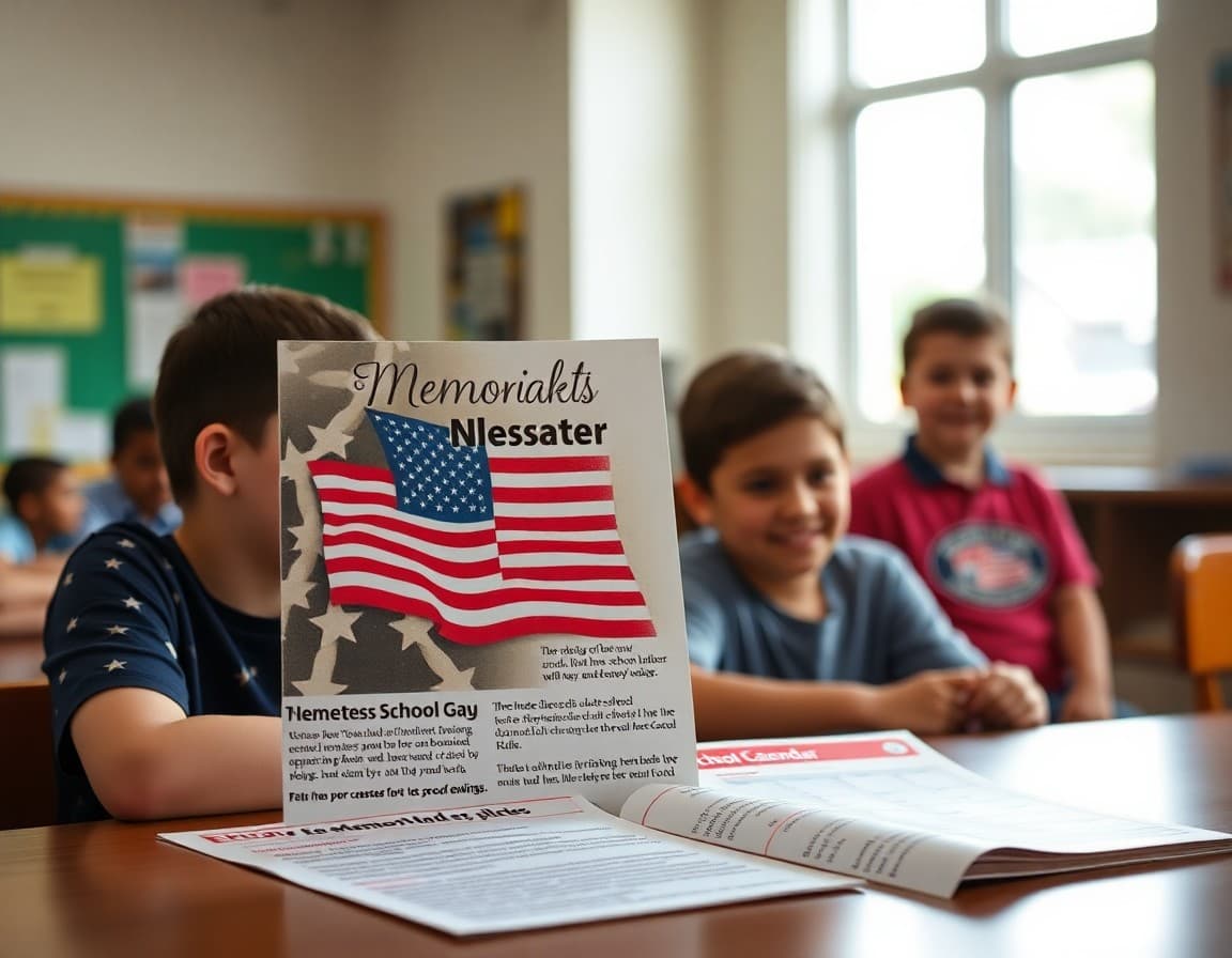 Memorial Day school newsletter with tribute section and end-of-year school calendar