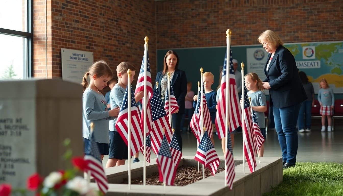 Students at a school Memorial Day ceremony placing flags at a memorial with teachers