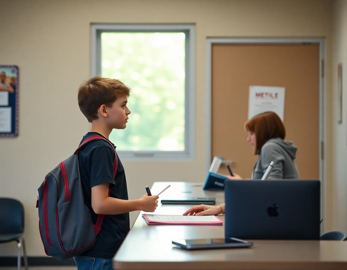 Student arriving late to school and signing in at office desk with attendance coordinator