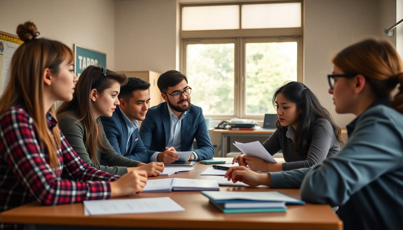 Business class students working on entrepreneurship project with teacher in classroom