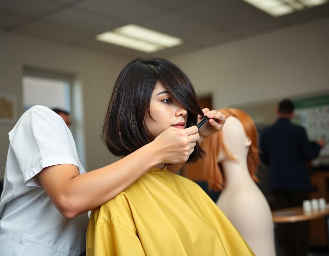 High school cosmetology student performing a hair color service on mannequin in class
