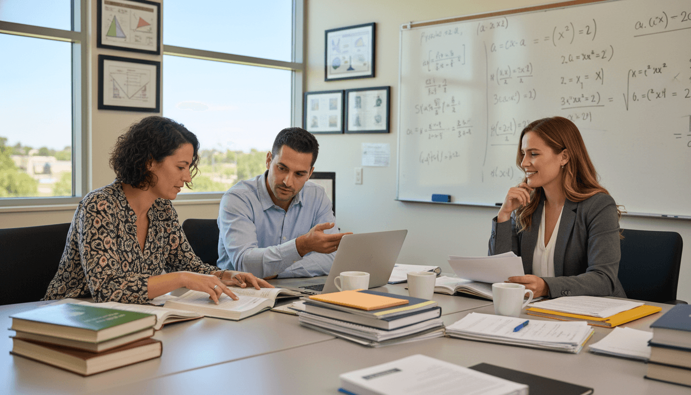 Substitute teacher reviewing lesson materials at a teacher's desk before class begins in a school classroom