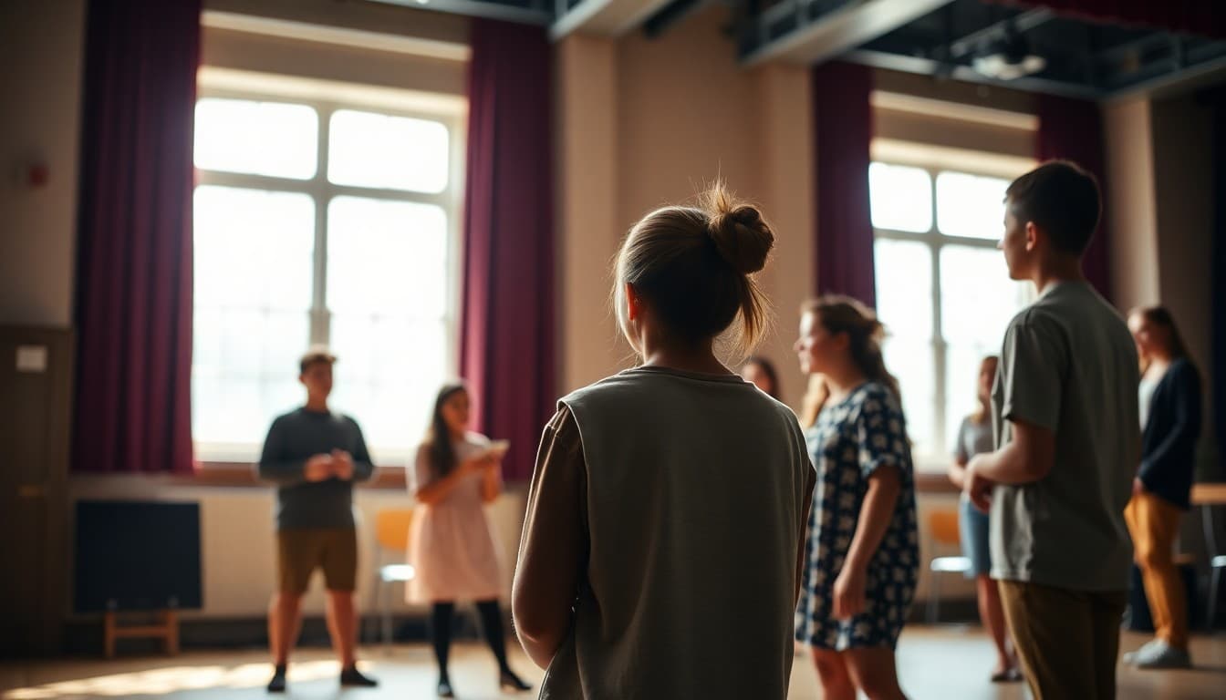 Drama department students rehearsing on stage for upcoming school theatrical production