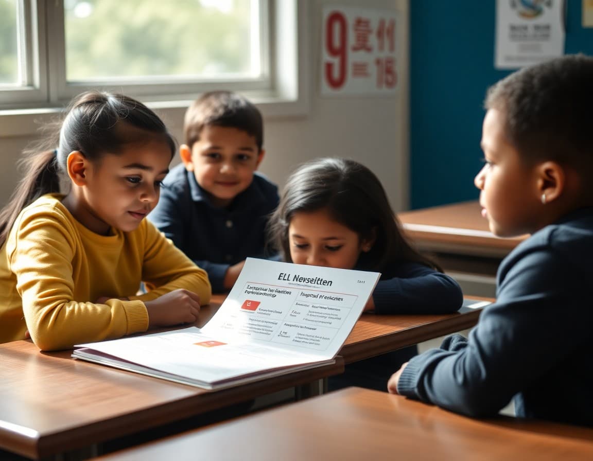 ELL program newsletter in multiple languages showing language proficiency levels and family resources