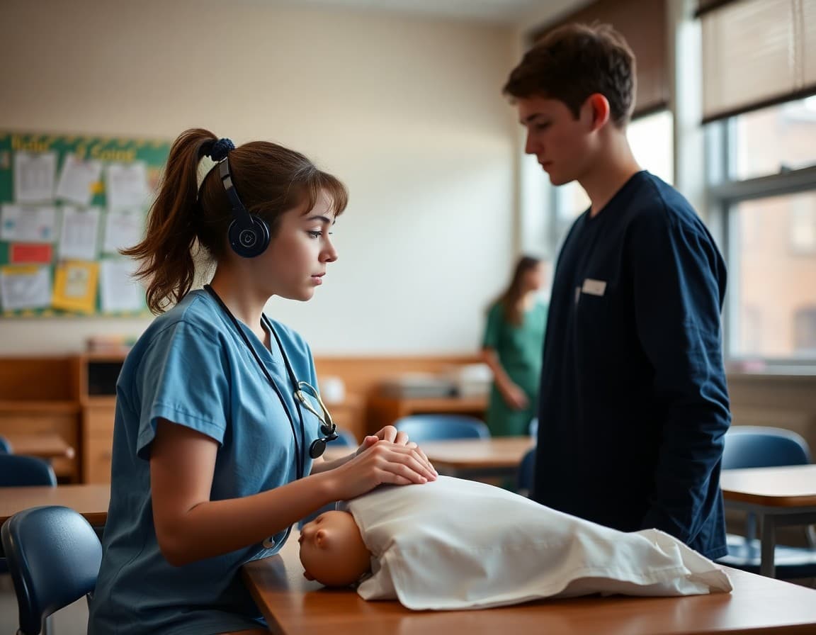 High school health careers class student practicing vital signs on a simulation mannequin