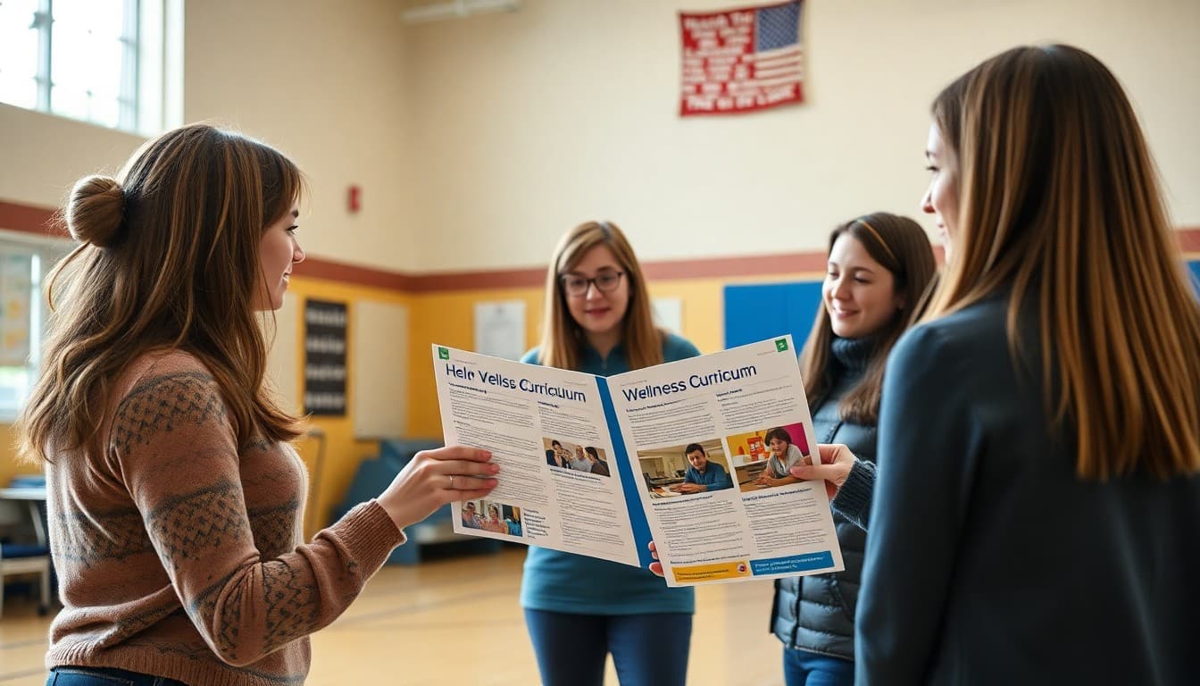 Health and PE teachers sharing combined wellness curriculum newsletter in school gymnasium