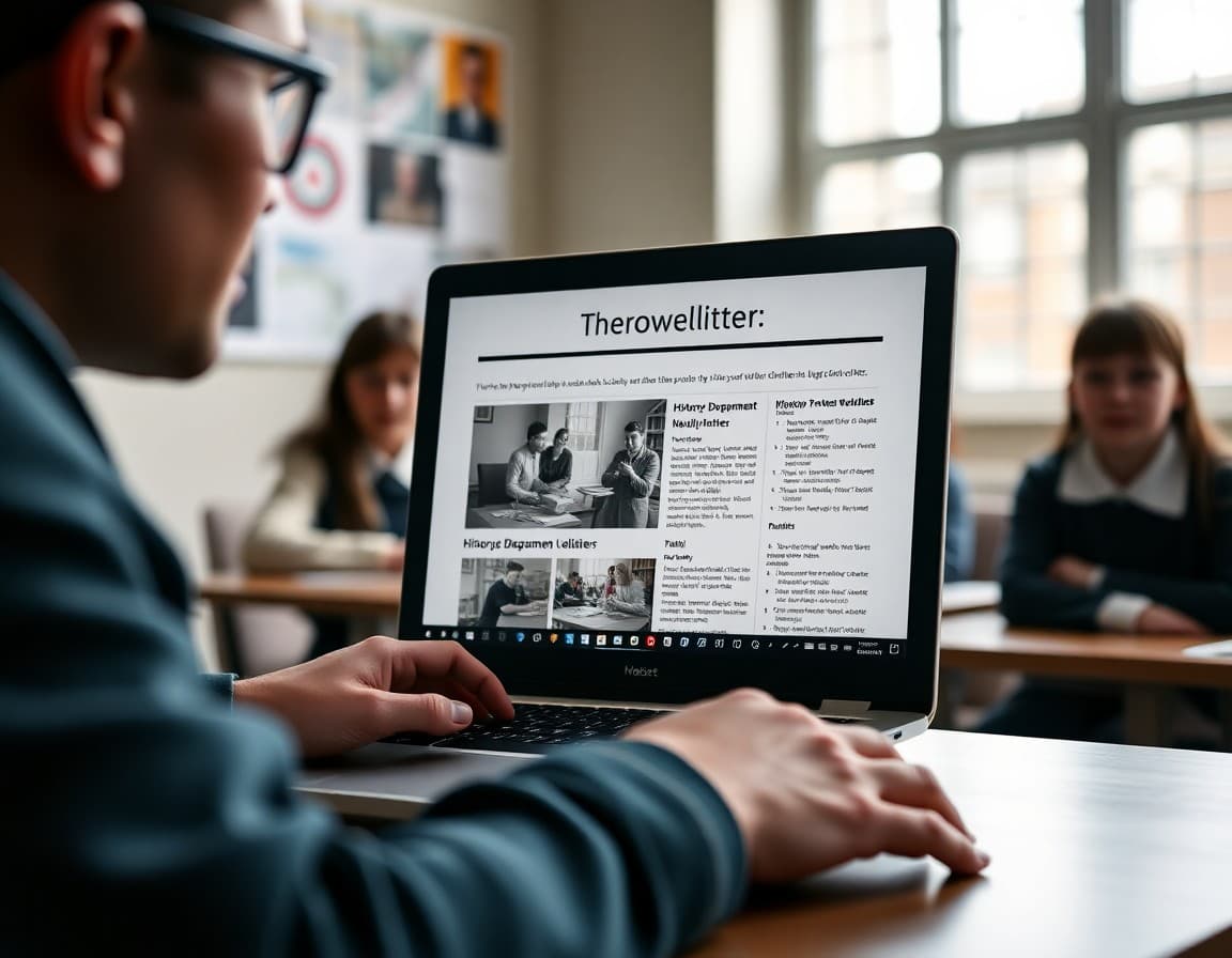 History department newsletter template displayed on a teacher's laptop screen