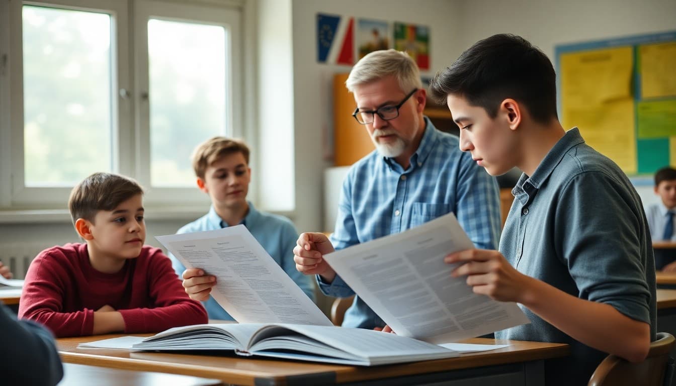 History teacher sharing document-based learning materials with engaged classroom students