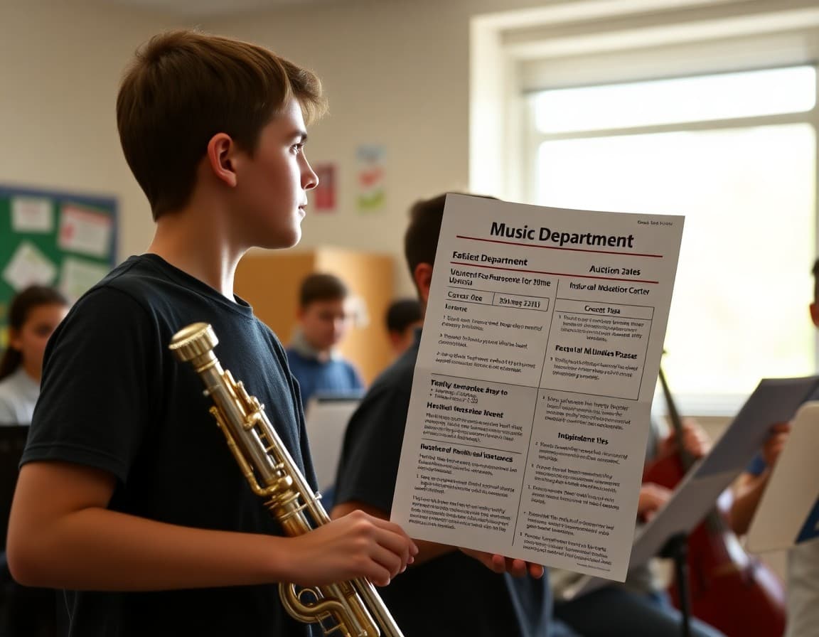Music department newsletter showing concert schedule audition dates and instrument maintenance tips