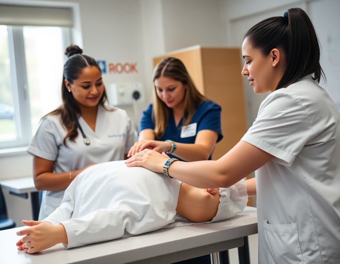 CNA training students working with clinical mannequin on patient positioning techniques in class