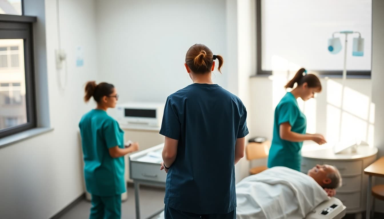 Nursing assistant class students practicing patient care skills in school simulation lab
