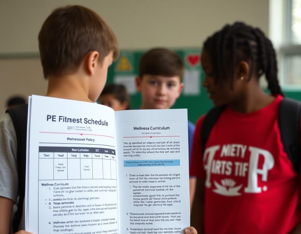 PE department newsletter showing fitness testing schedule uniform policy and wellness curriculum