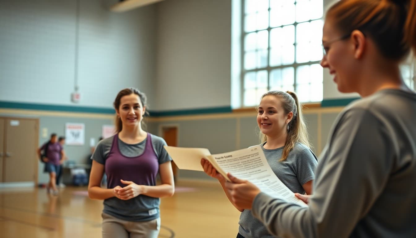PE teachers sharing fitness curriculum updates in school gymnasium for department newsletter