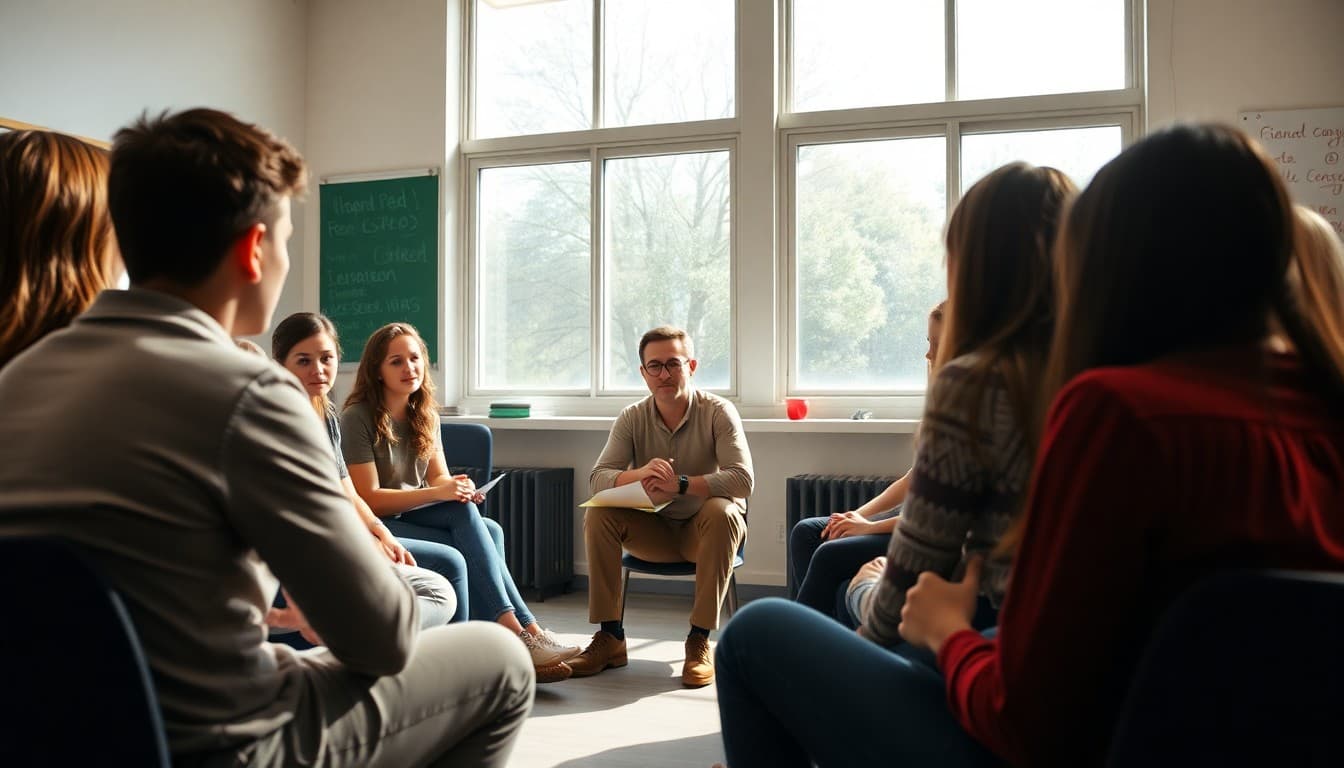 Philosophy teacher leading Socratic seminar discussion with high school students in circle