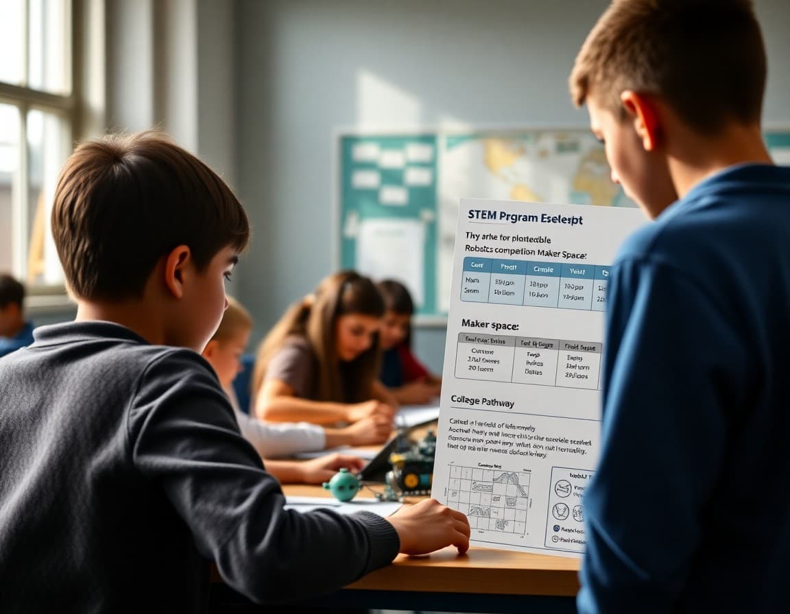 STEM program newsletter showing robotics competition maker space schedule and college pathway information