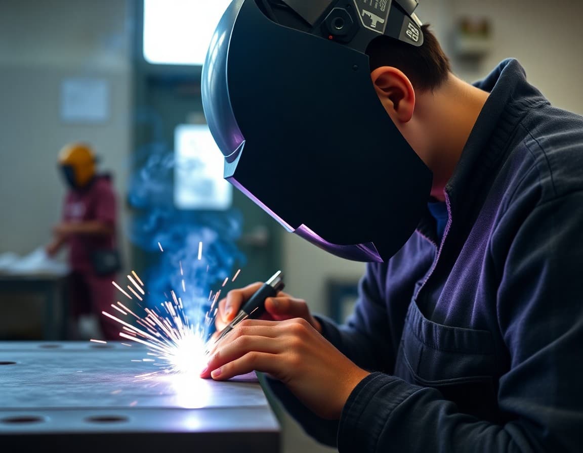High school welding student performing a MIG weld bead on steel plate in school lab