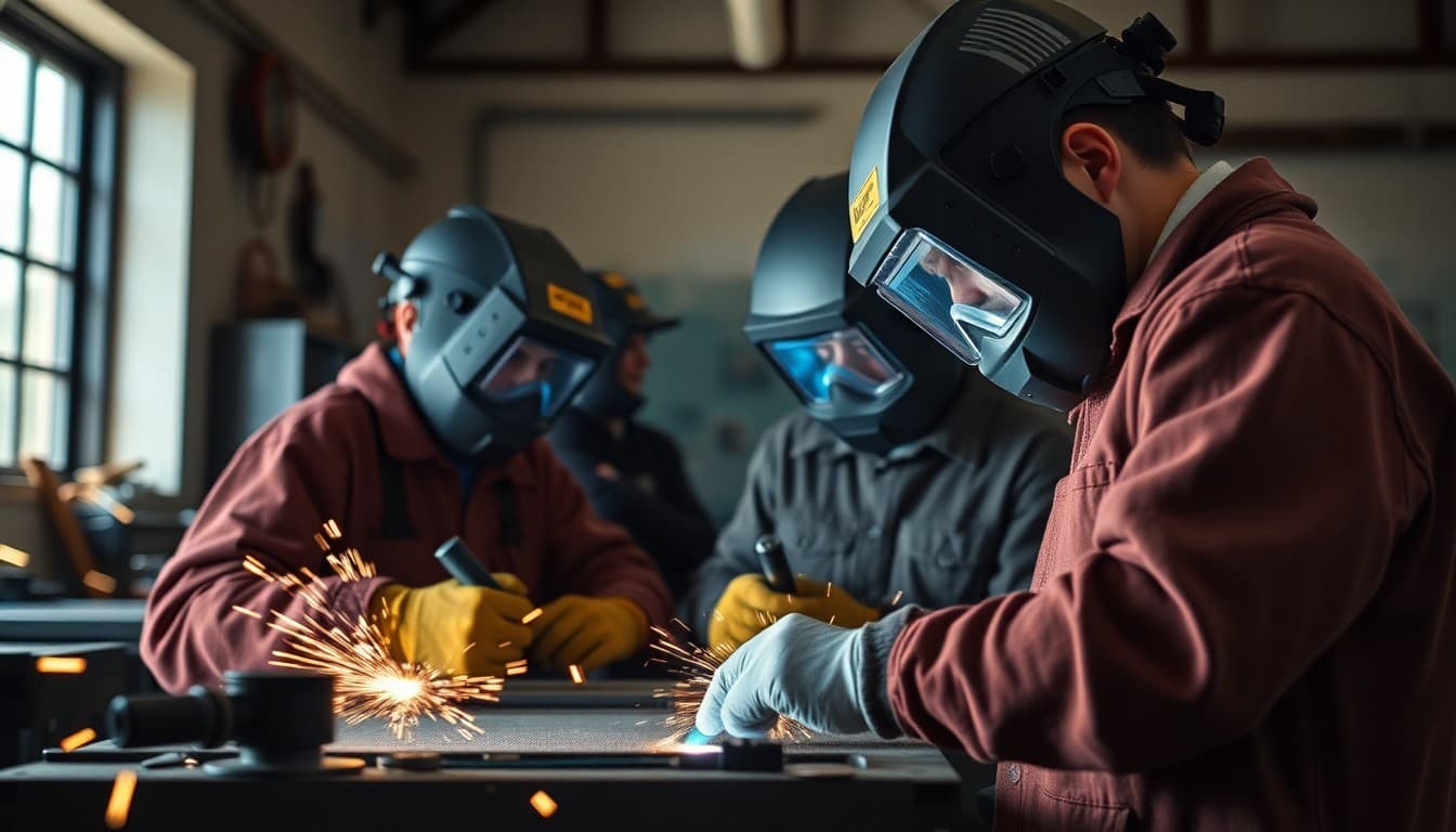 Welding class students in protective gear working on metal projects in school shop