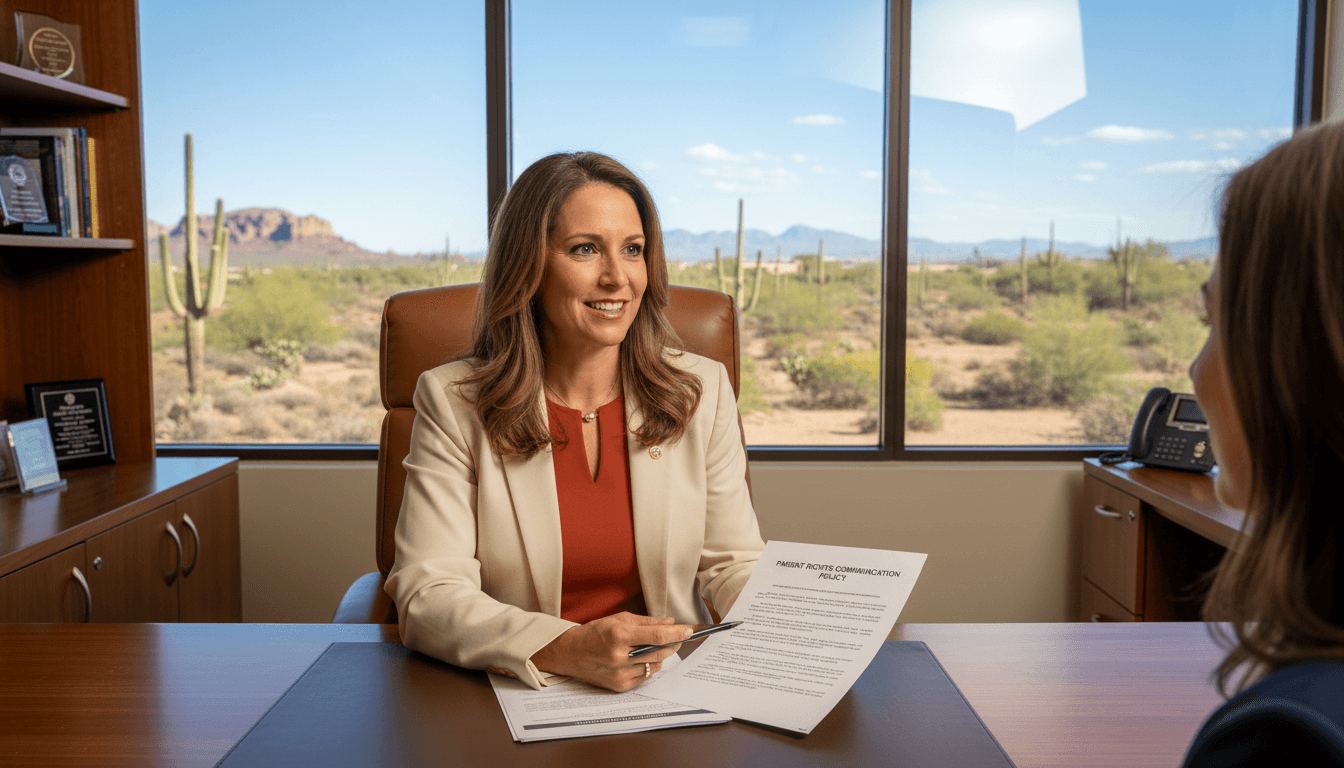Arizona school district administrator reviewing parent rights communication policy with desert landscape through office window