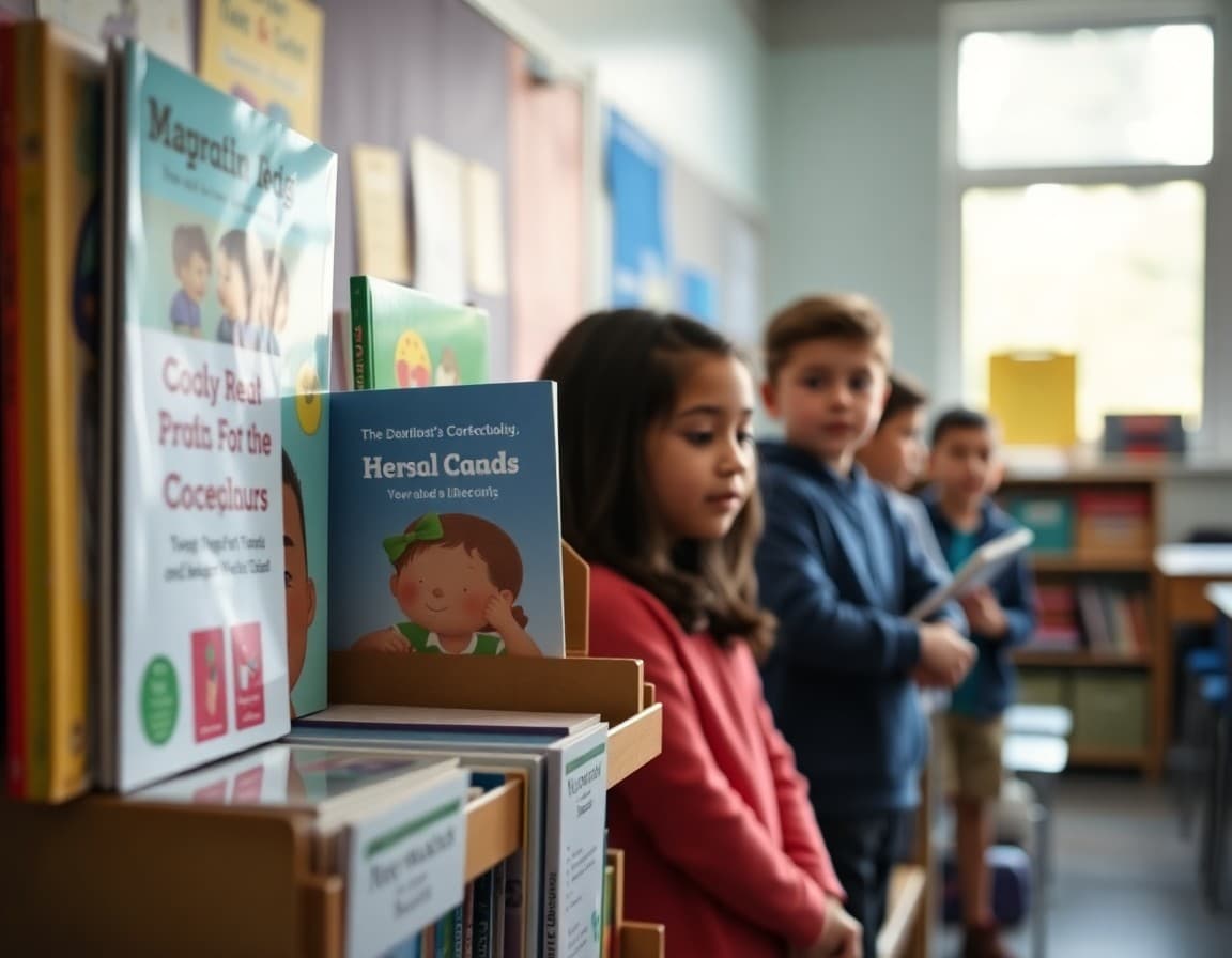 New literacy curriculum materials and decodable books on a classroom shelf