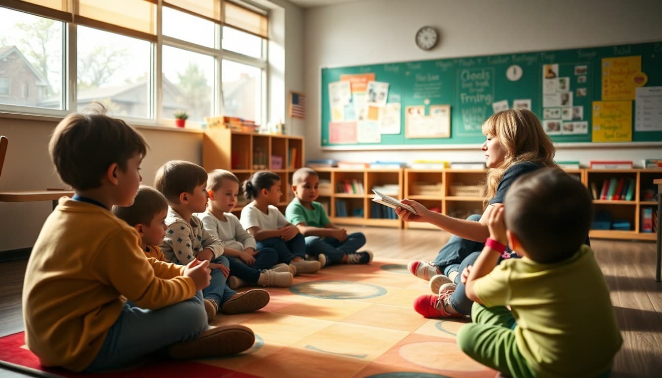 First-grade teacher reading aloud to students seated on a colorful rug