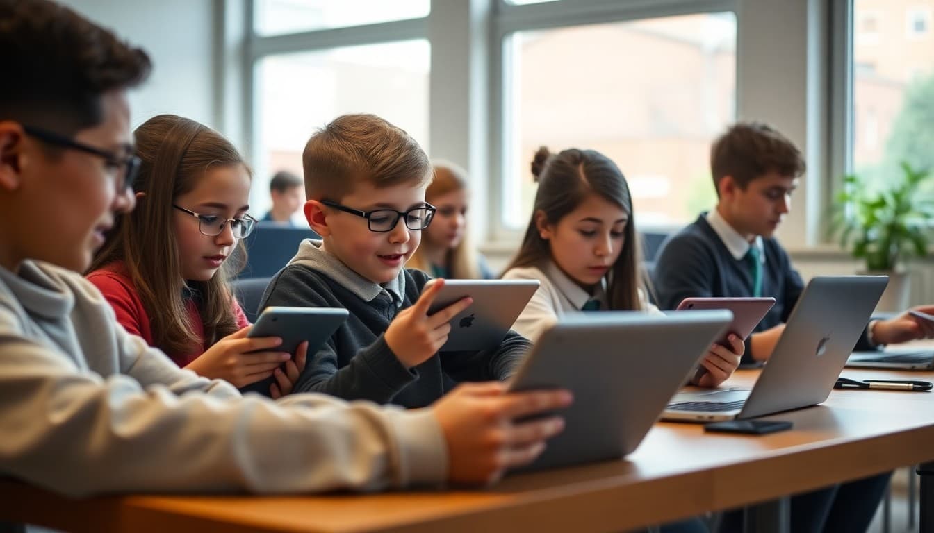 Students using tablets and laptops in a modern technology classroom