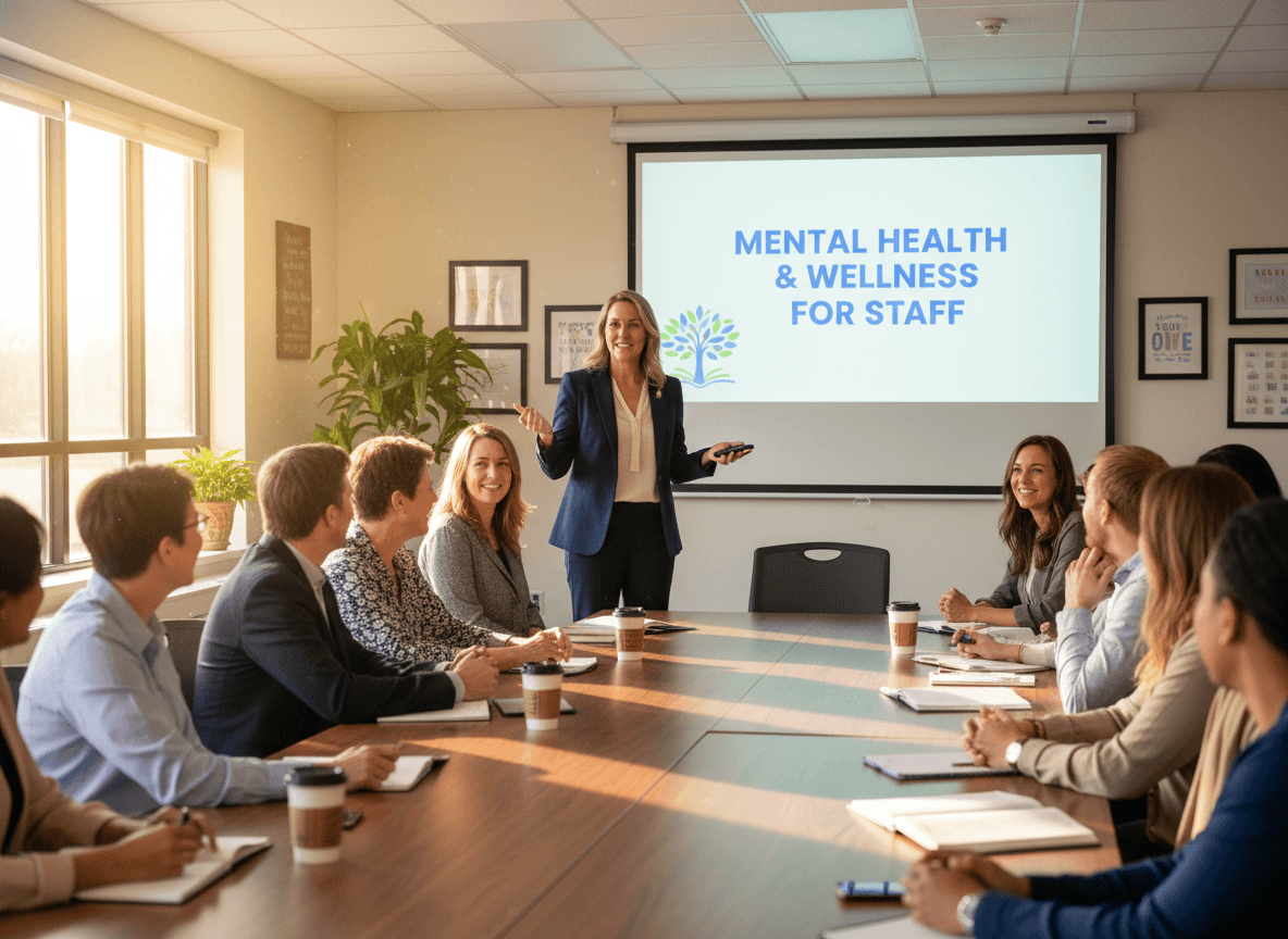 District counseling director presenting mental health resources to school staff in a professional development session