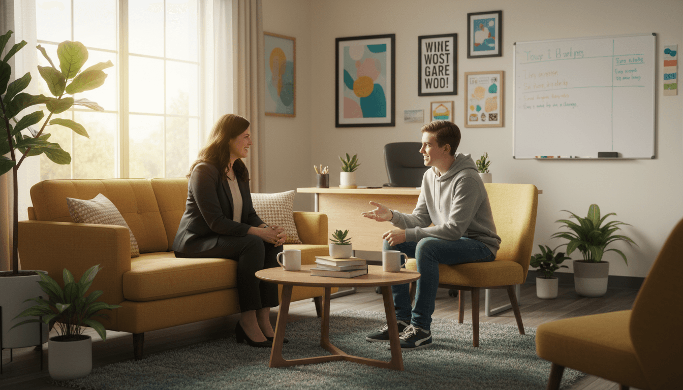 School counselor meeting with a student in a welcoming office with plants and comfortable seating