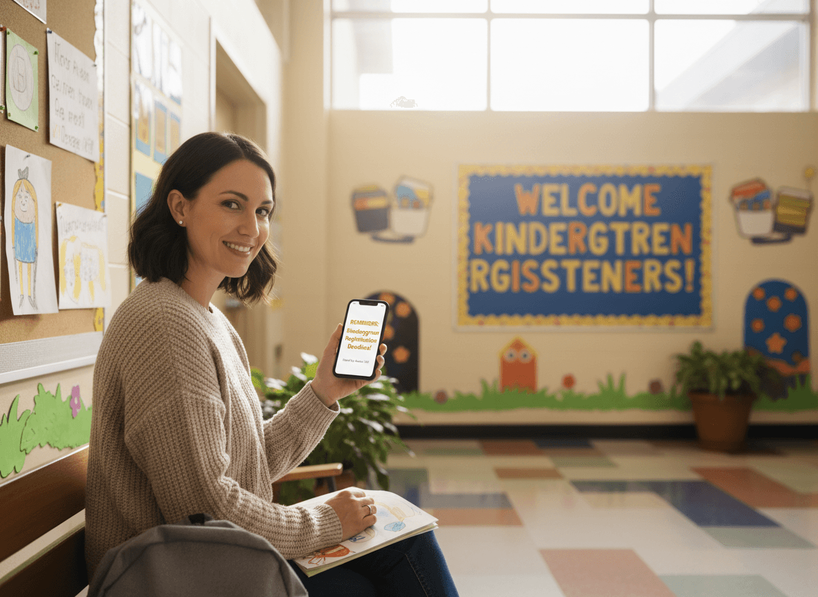 Parent reading a kindergarten registration deadline reminder on a smartphone