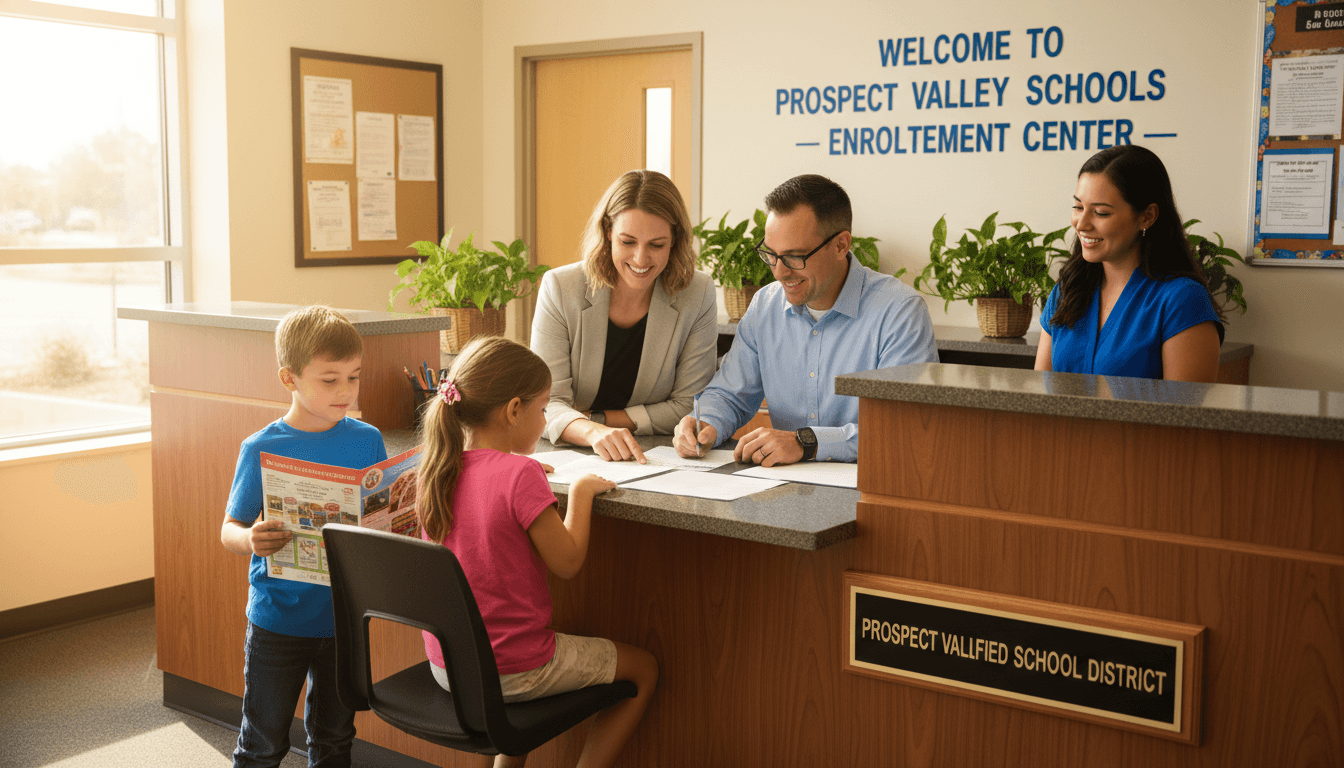 Family completing school enrollment forms at a district office welcome desk