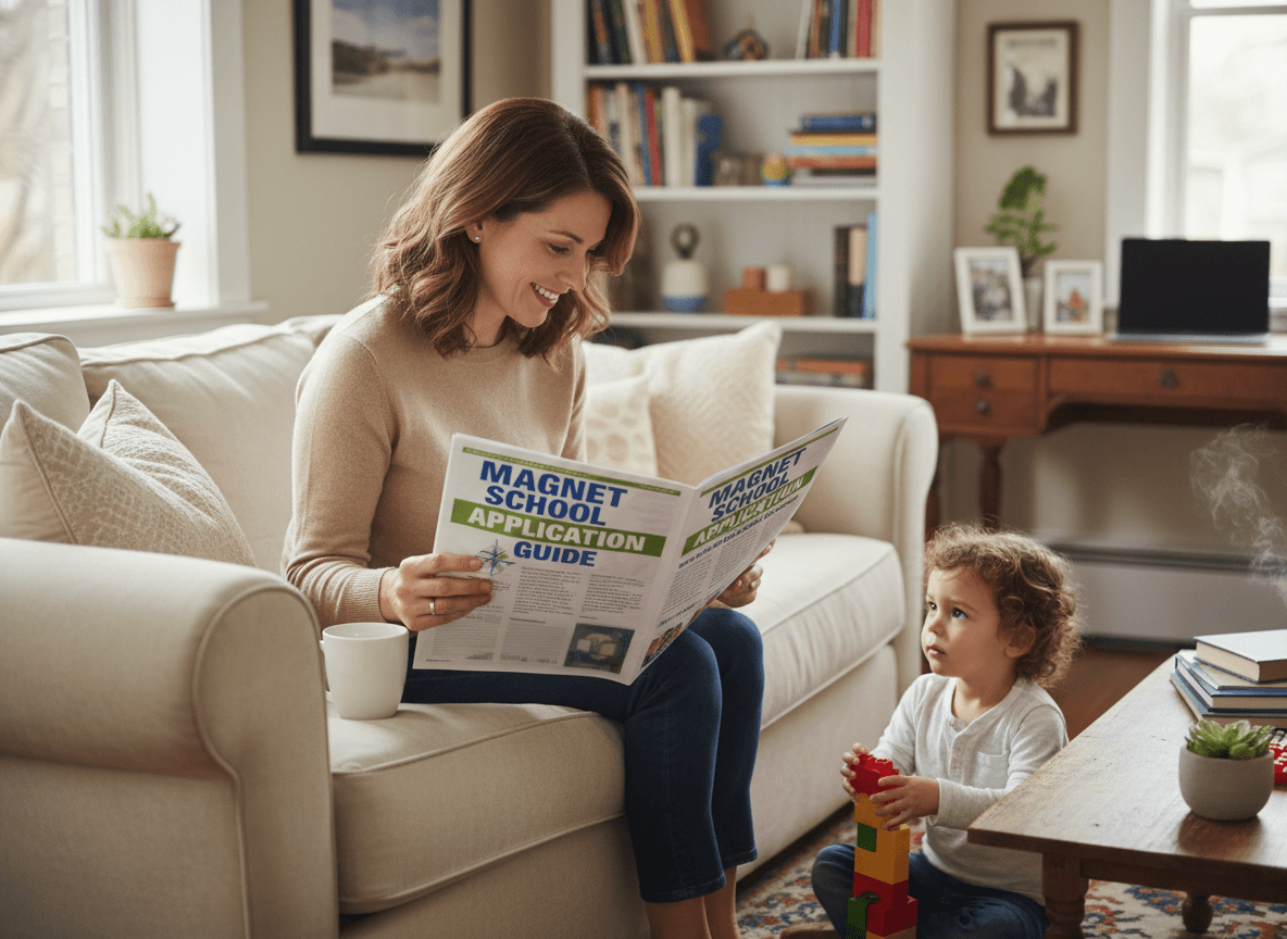 Parent reading a magnet school application guide newsletter at home with a child nearby