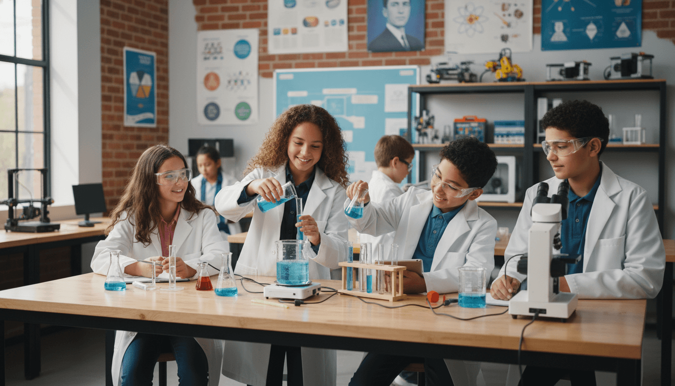 Students working on a science experiment in a STEM magnet school classroom