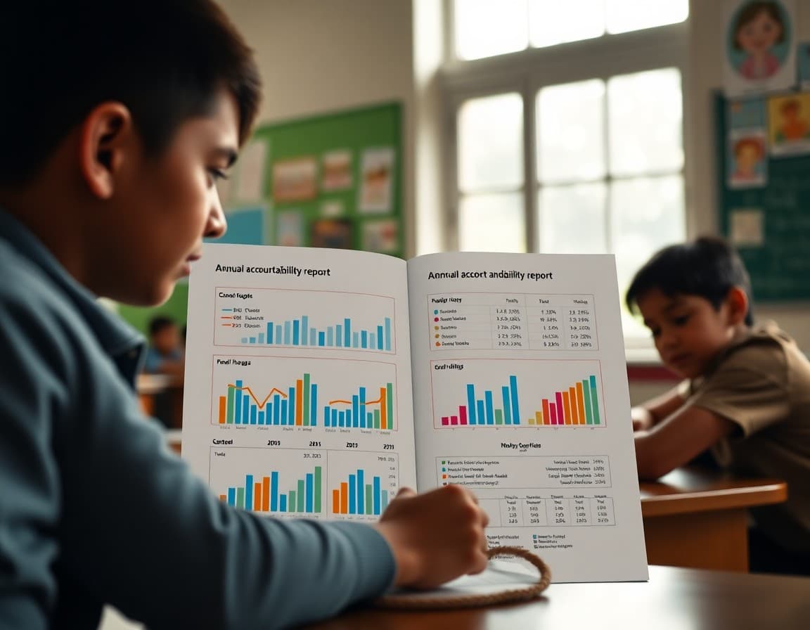 Printed annual accountability report with highlighted data charts and performance metrics