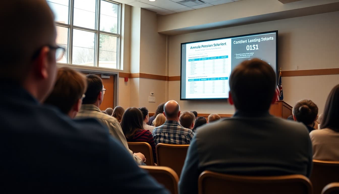 District administrator presenting annual report data on a screen to a community audience in an auditorium