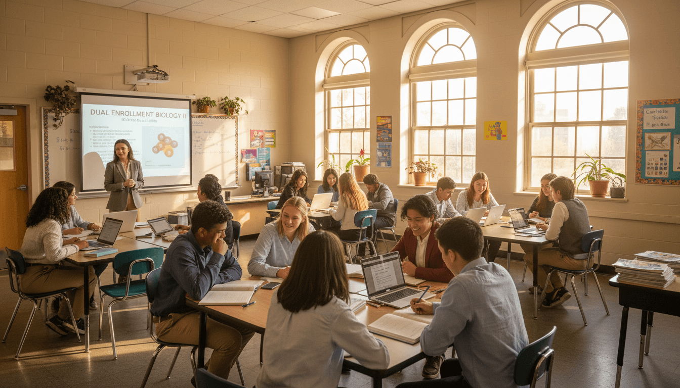 High school students working on a dual enrollment college course in a classroom