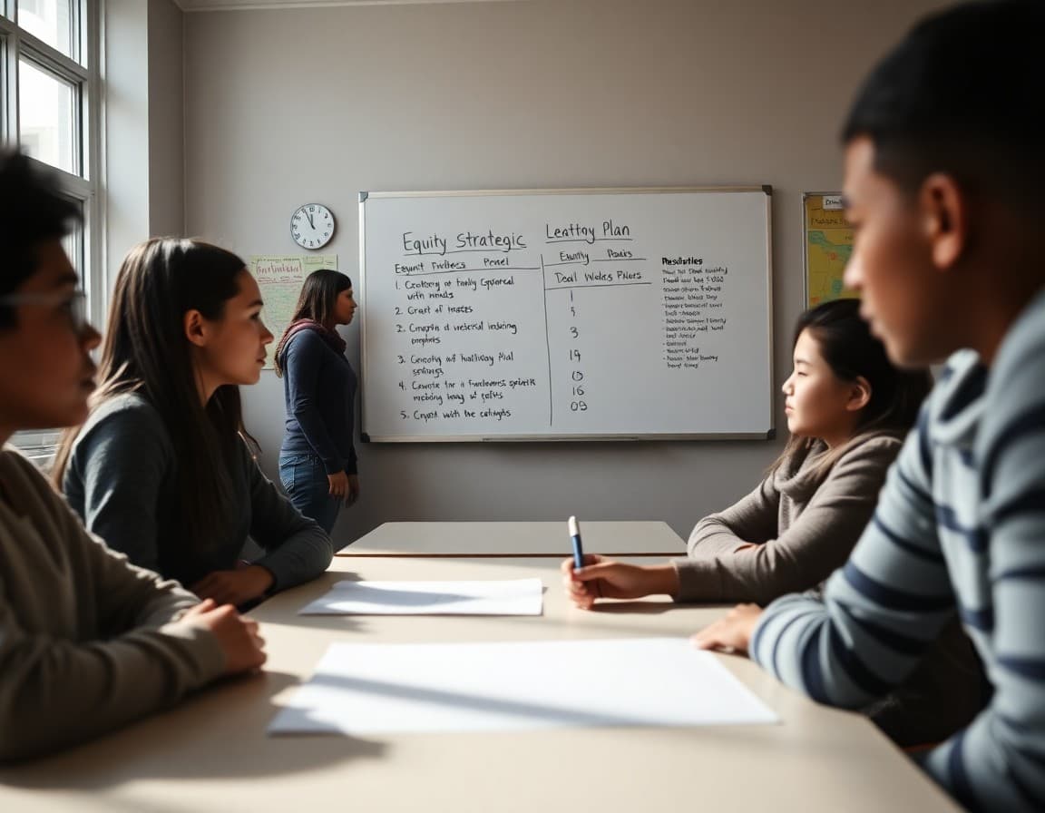 Equity strategic plan document with goals and metrics on a whiteboard