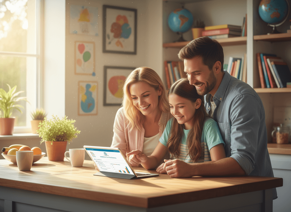 Family reviewing a school report card summary on a tablet at home
