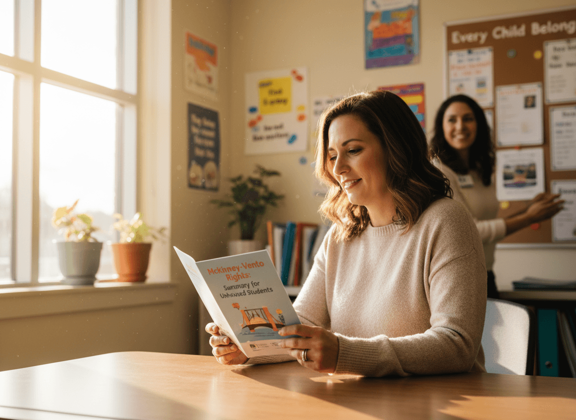 Parent reading a McKinney-Vento rights summary at a school enrollment office
