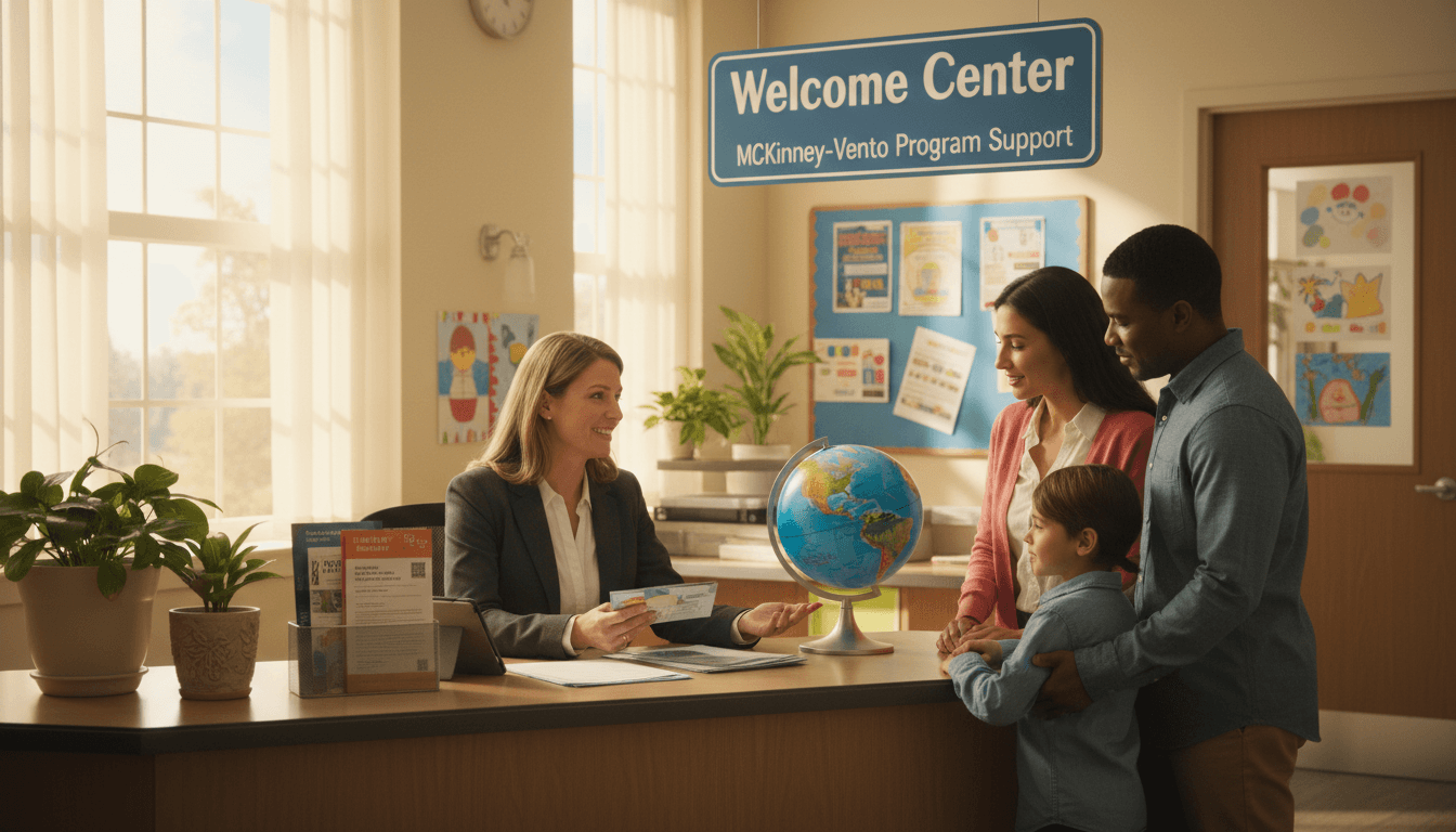 District McKinney-Vento liaison meeting with a family at a school welcome desk
