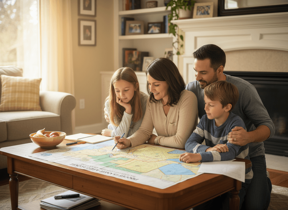 Family reviewing an updated school attendance boundary map at home