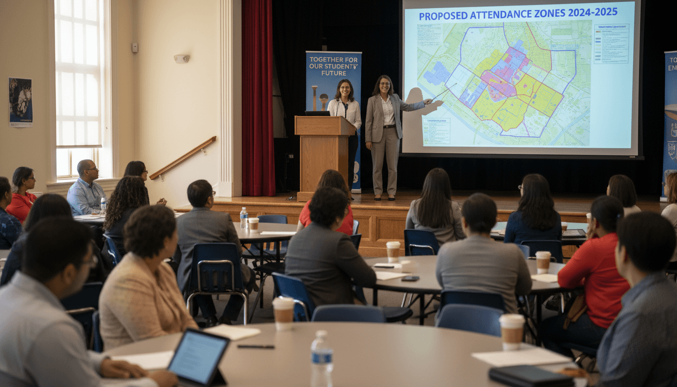 District administrators presenting new school attendance boundary maps at a community meeting