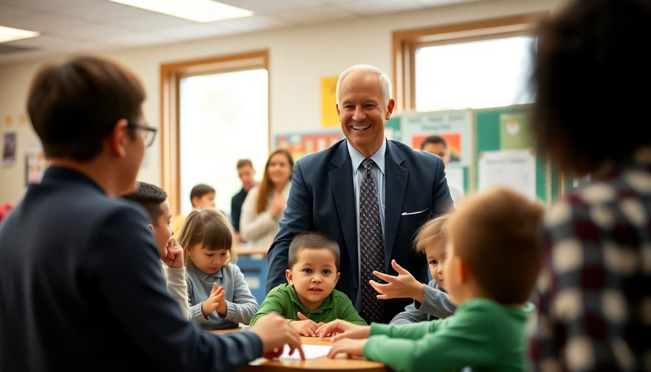 New superintendent smiling with students and teachers at an elementary school visit