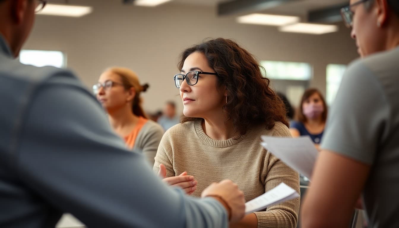 Parents attending a Parent University workshop at a school cafeteria with handout materials