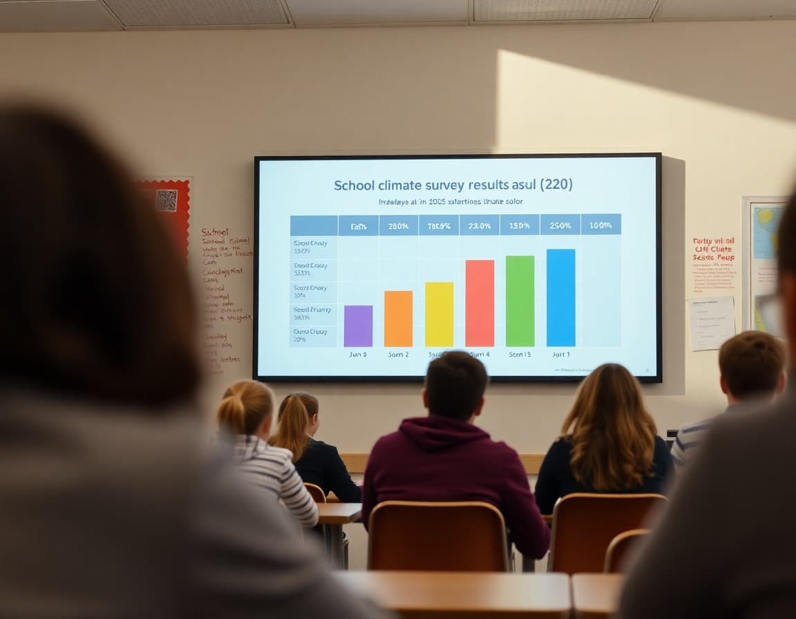 Bar chart showing school climate survey results by student group on a presentation slide
