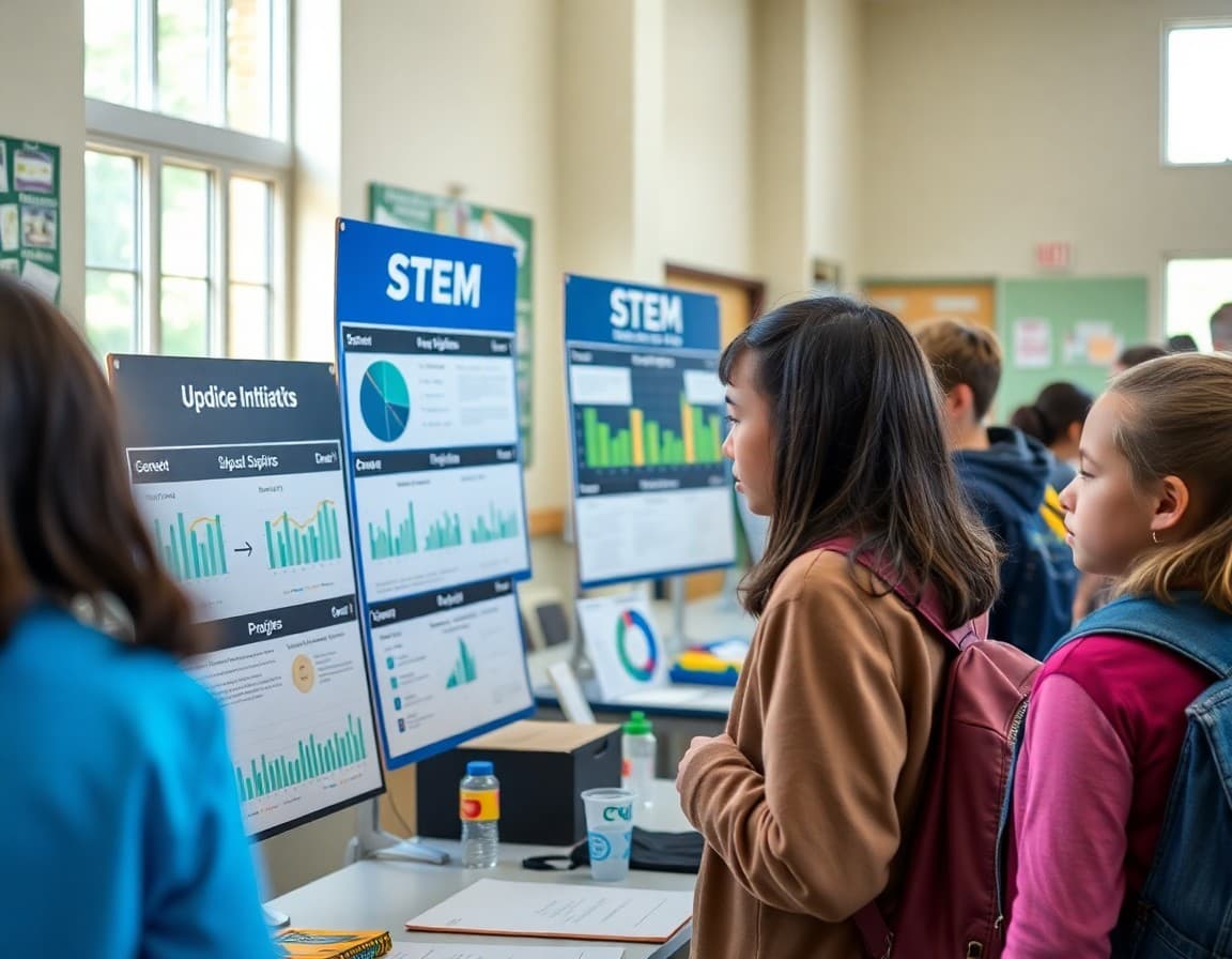 STEM initiative display with student projects and data dashboards at a school fair
