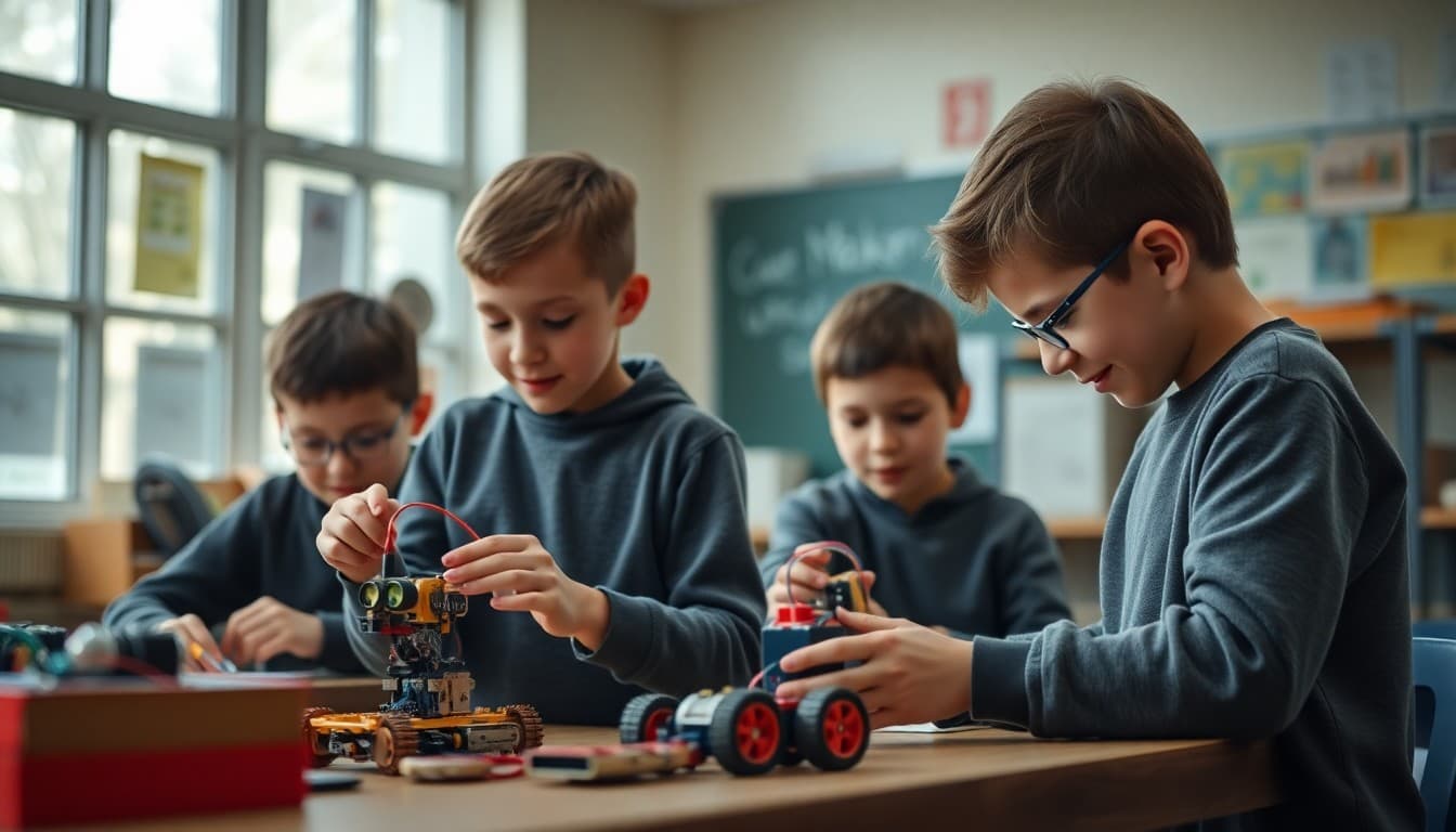 Students building robots in a school makerspace as part of a STEM program