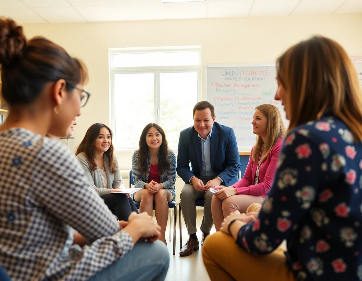 Teacher mentoring program cohort meeting with new teachers and mentors in a circle