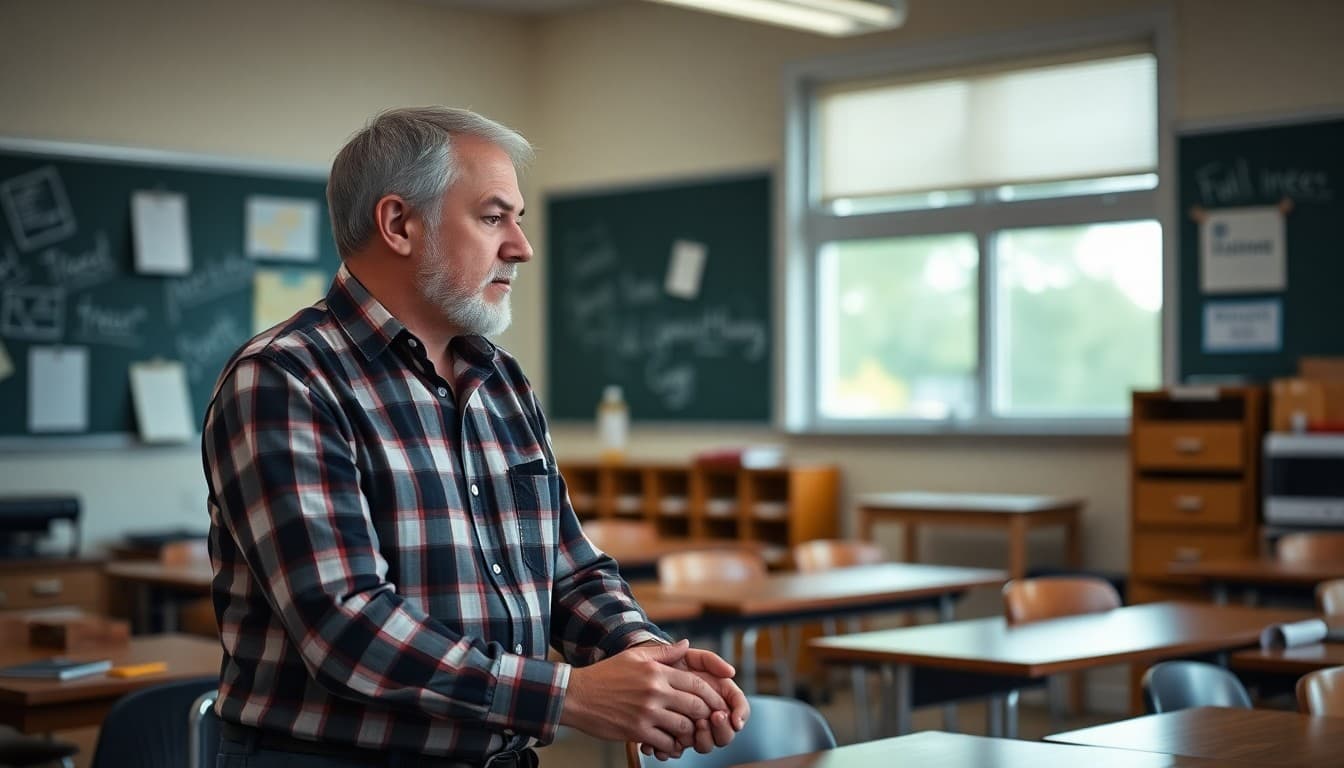 Veteran teacher mentoring a new teacher in a classroom after students have left